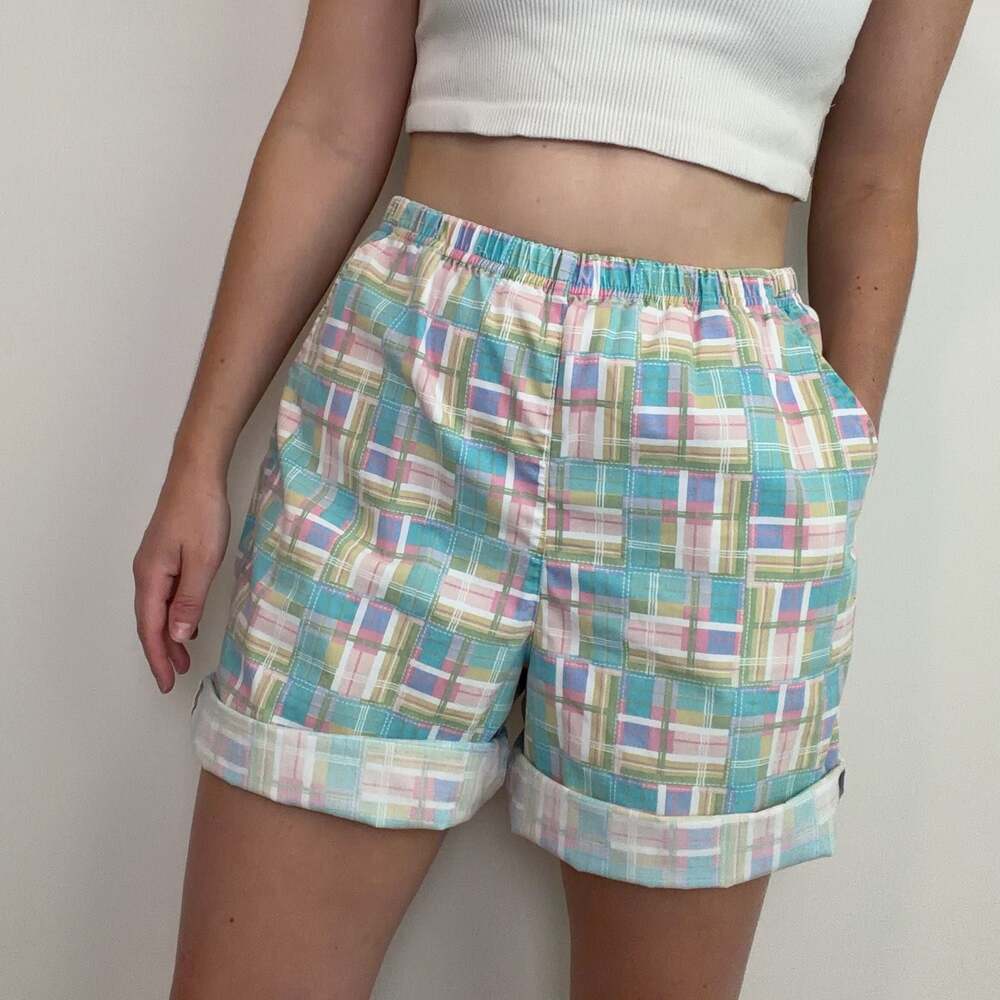 Blair Vintage Pastel Plaid Elastic Waist Cuffed Shorts